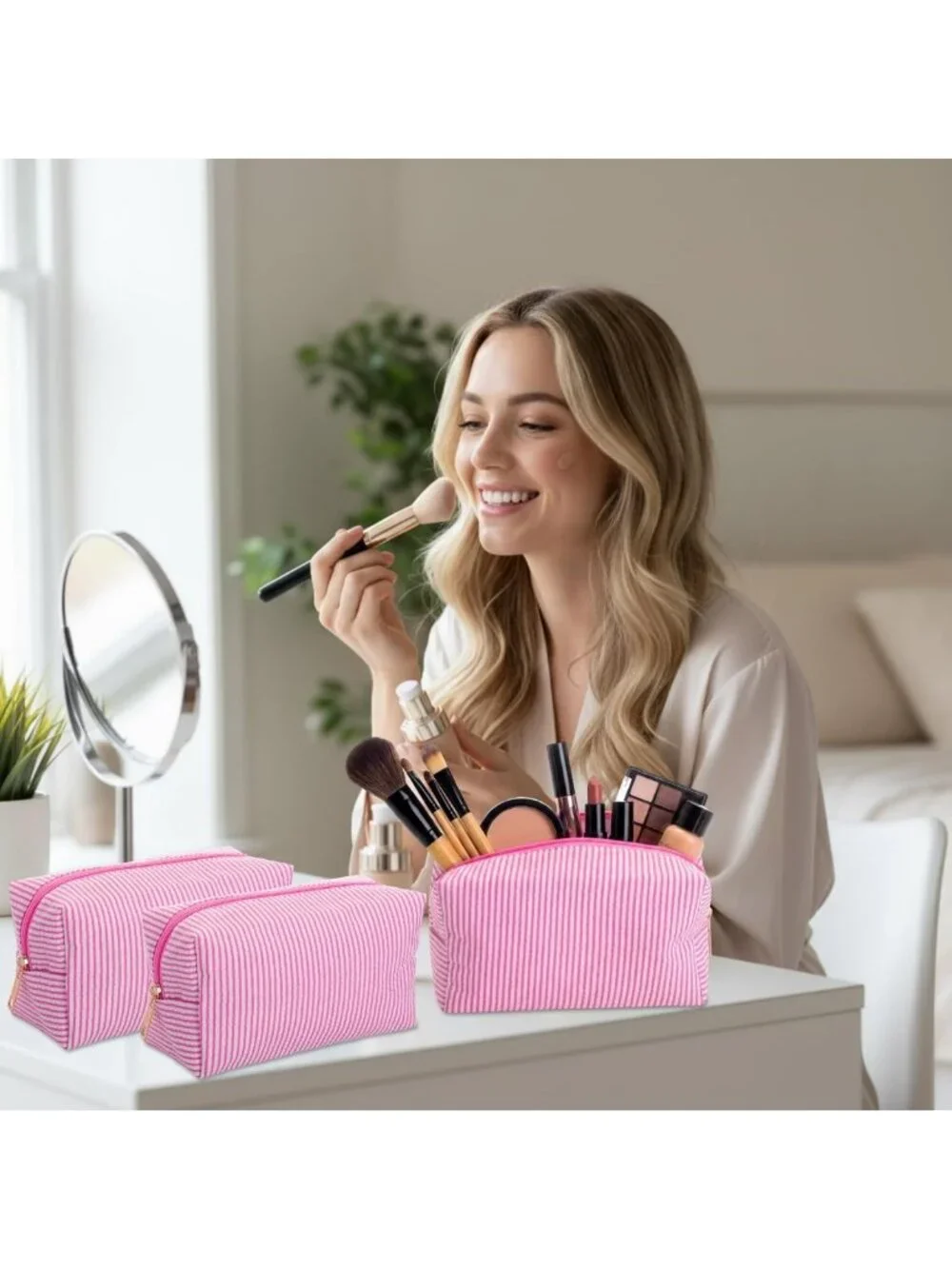 12 Pcs Striped Seersucker Cosmetic Bags Set - Pink Zippered Travel Organizers